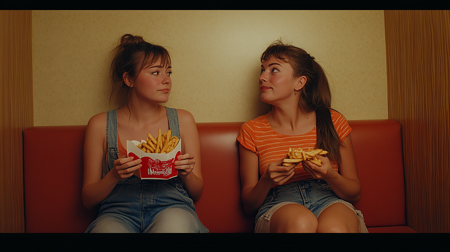 Two Women Sharing Fries in Empty Room