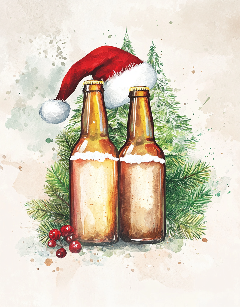 Two beer bottles in Santa hats clinking together