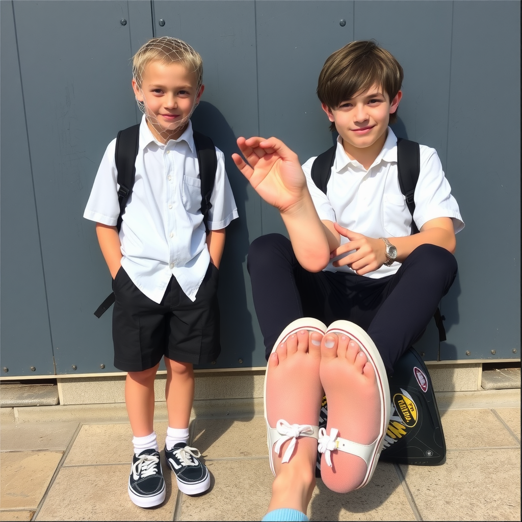 Two boys at school playing with a fishnet.