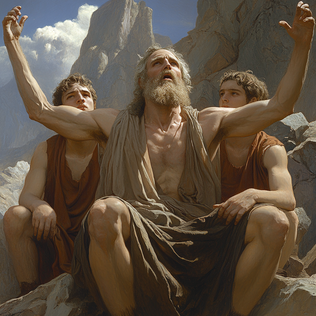 Two boys help Moses on cliff