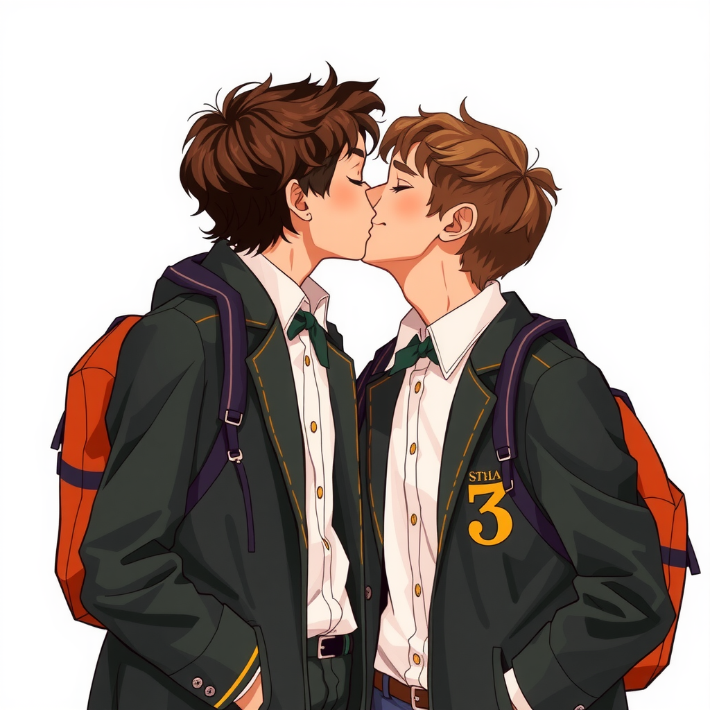 Two boys kiss at school.