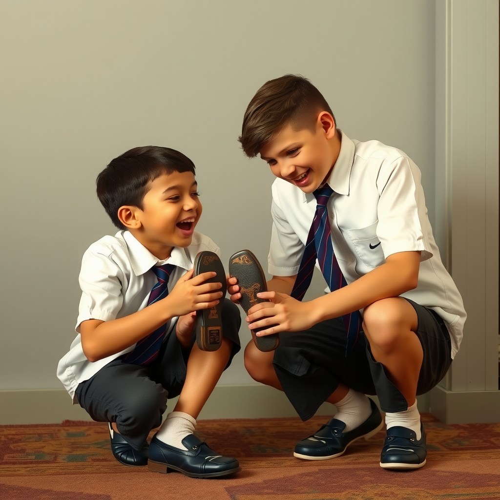 Two boys licking their feet at school.