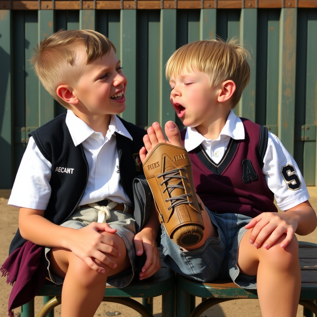 Two boys licking their toes at school