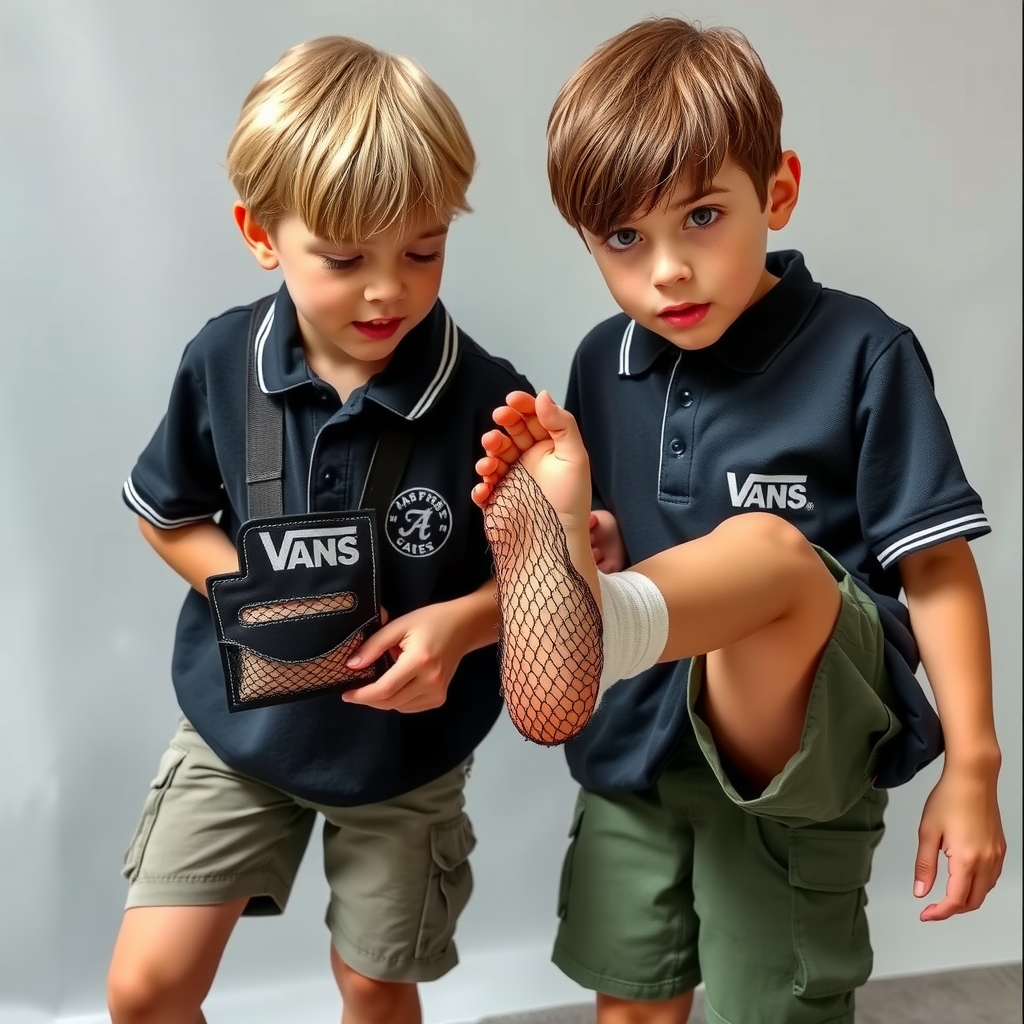 Two boys playing with fishnet and feet.