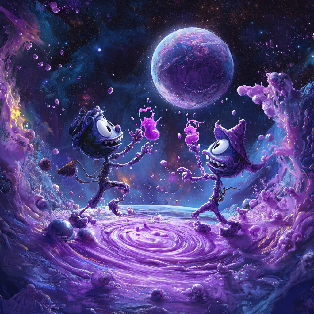 Two cartoon characters throw purple juice in space