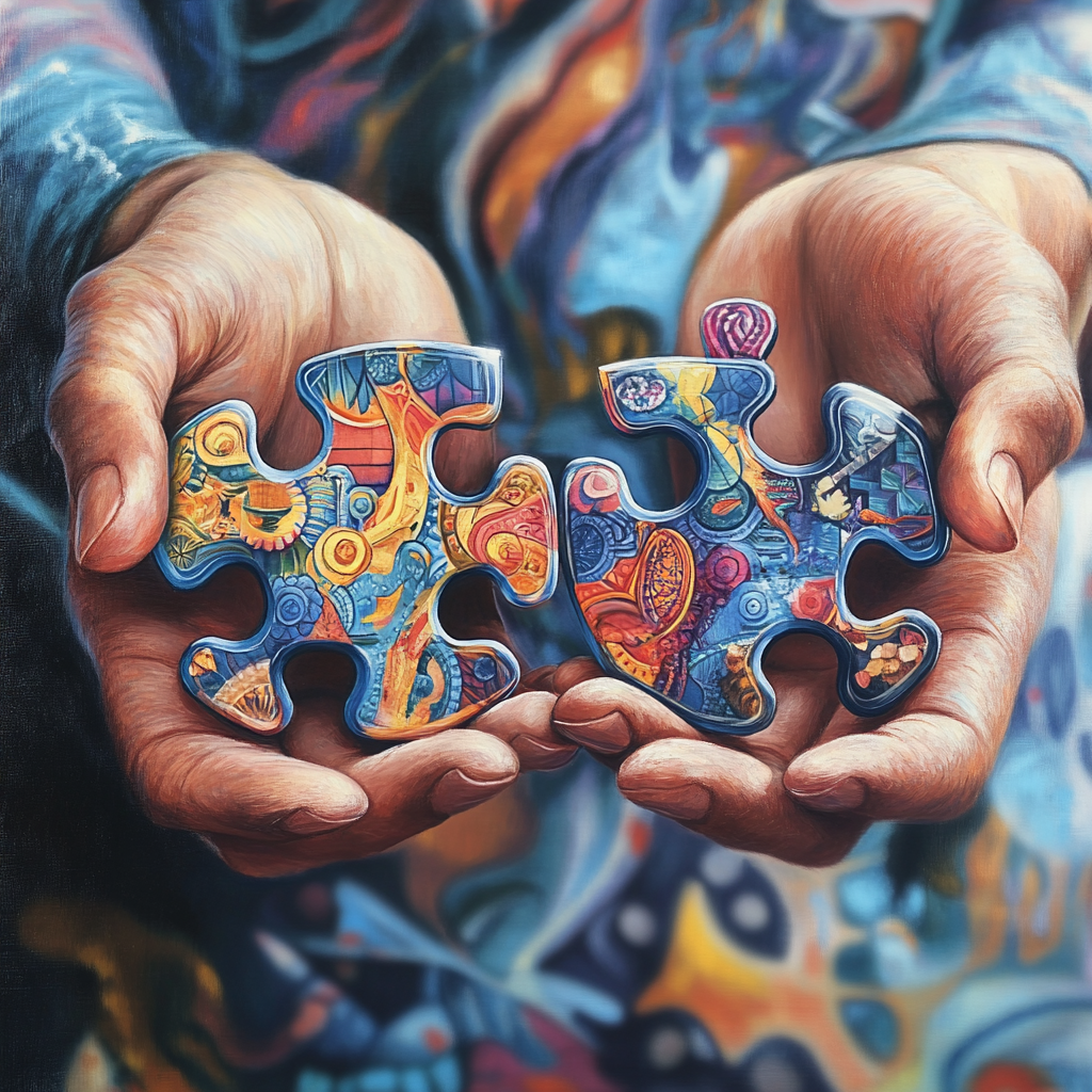 Two colorful puzzle pieces create unity in hands.