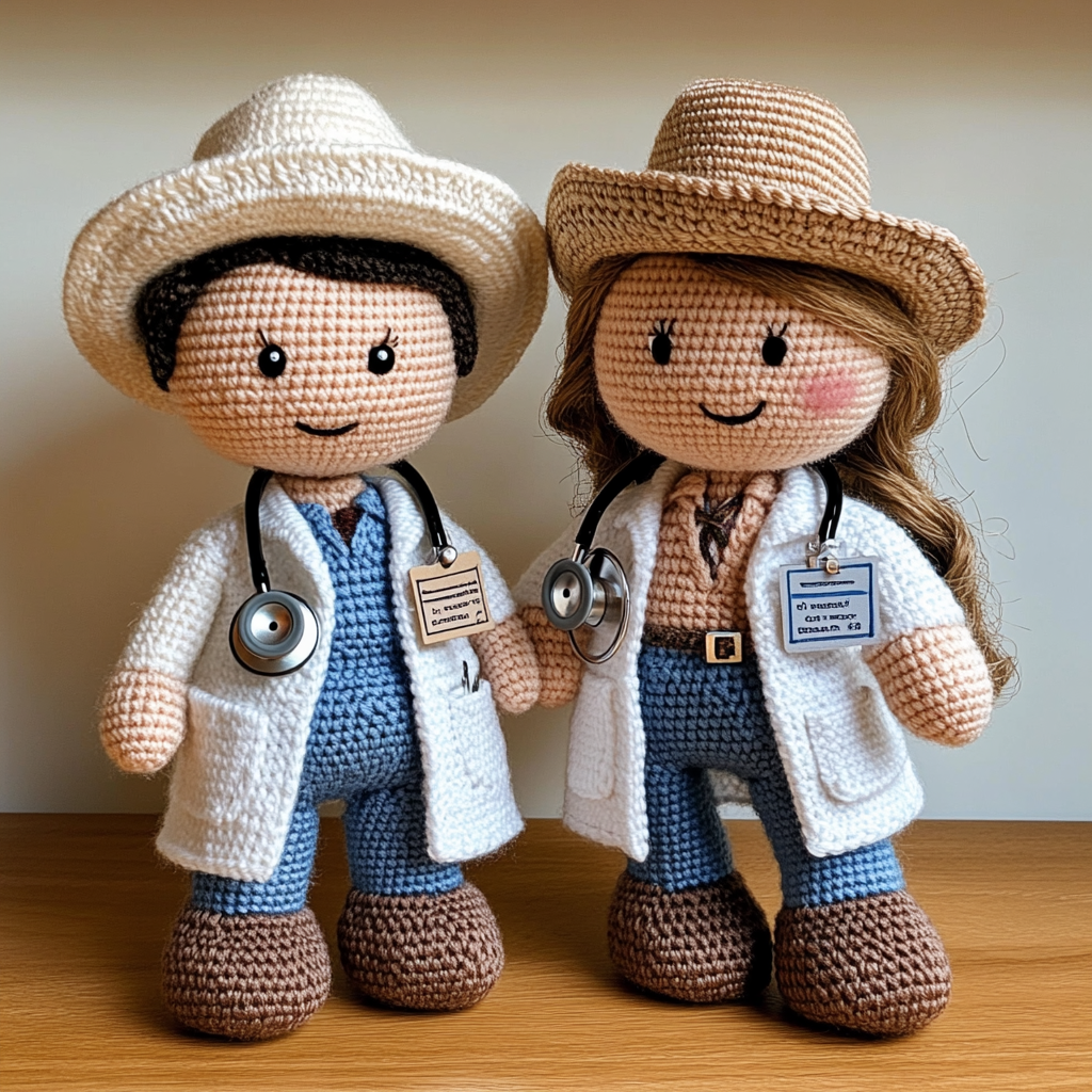 Two cowboy dolls in medical uniforms, posing professionally.