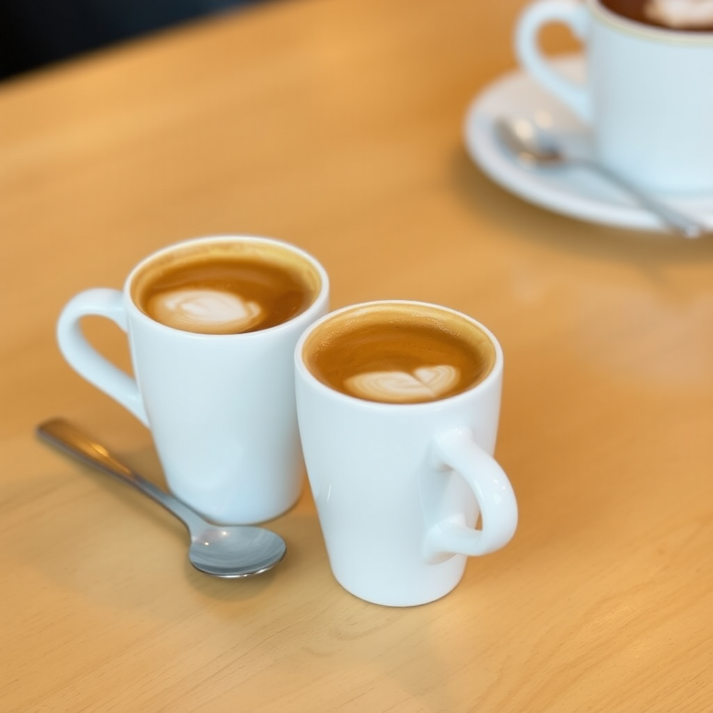 Two cups of espresso coffee on table.