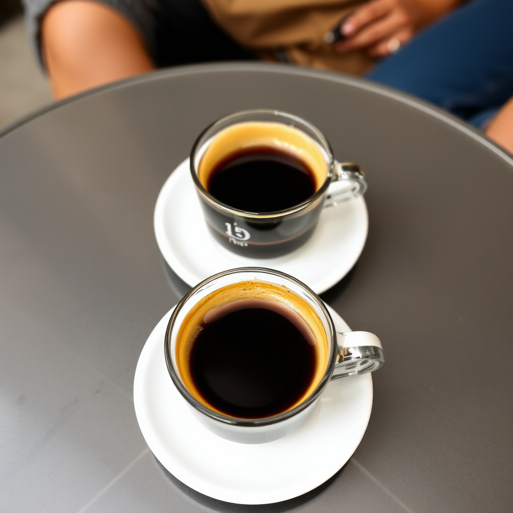 Two cups of espresso coffee on table.