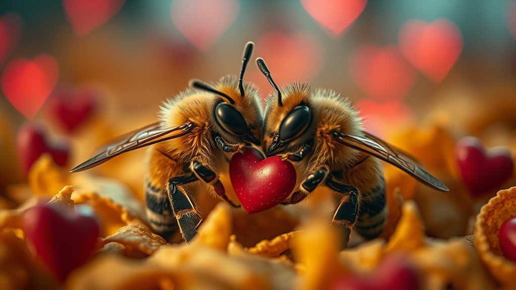 Two cute baby bees cuddle in nacho land.