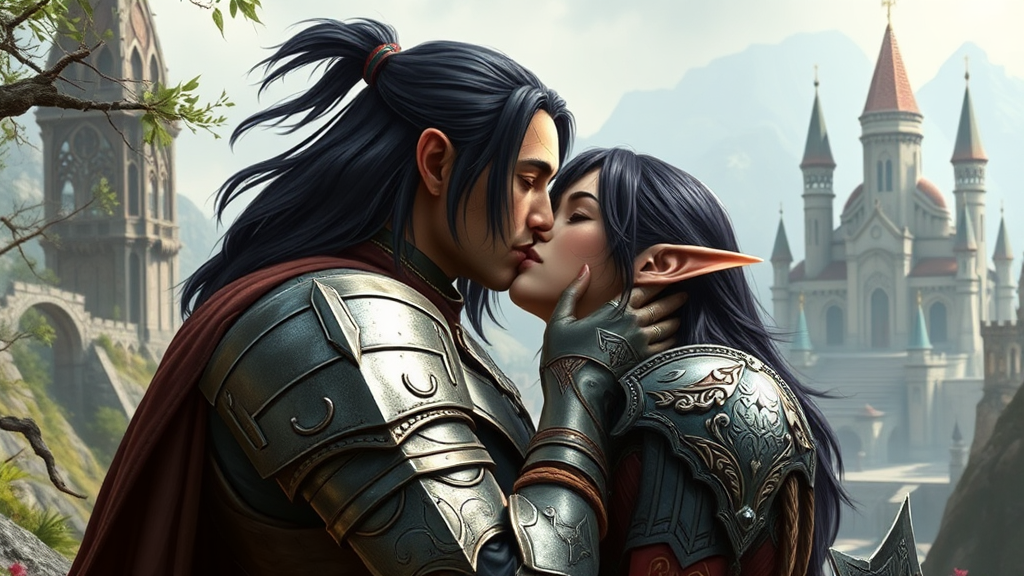 Two elves in armor kissing in city