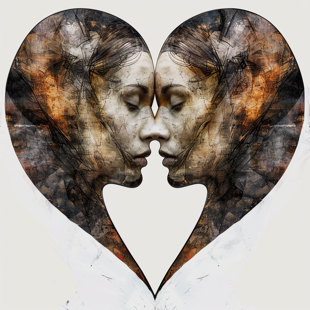 Two-faced heart embraces in avant-garde style.