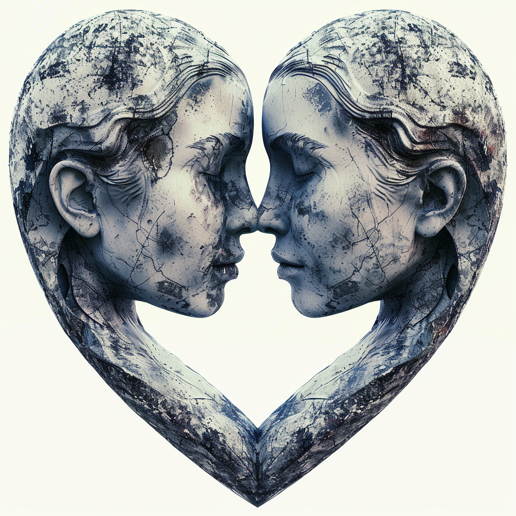 Two faces hugging in heart frame on white.