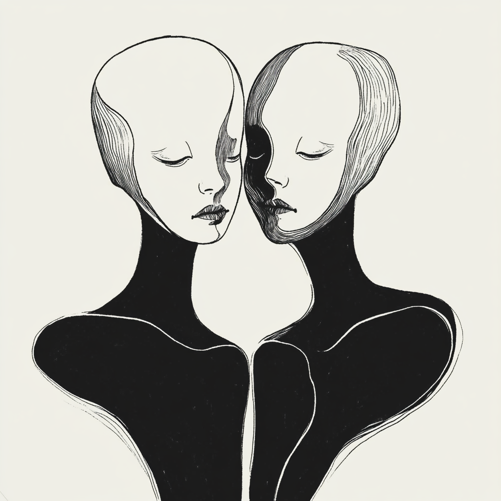 Two figures leaning towards each other, distant gap between.