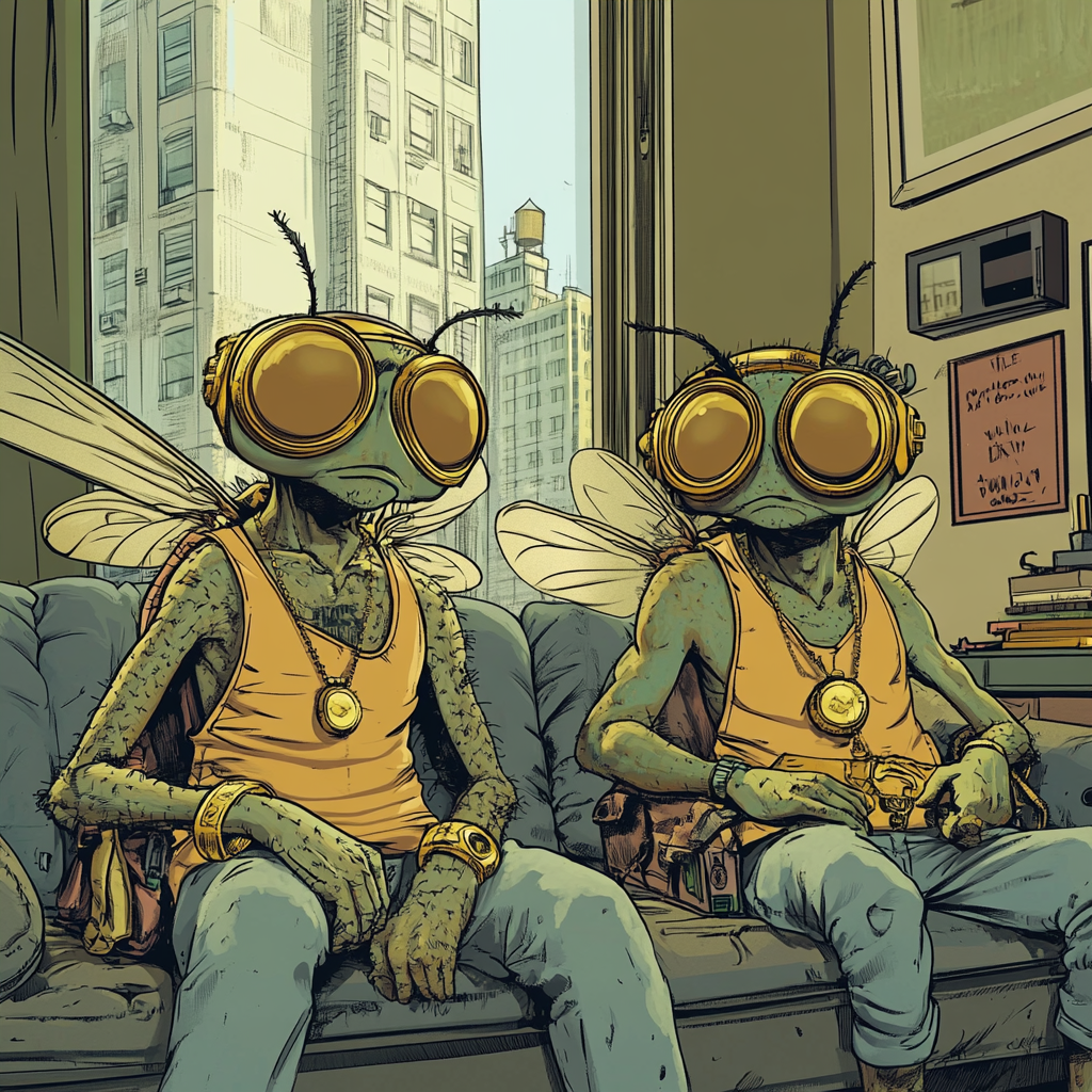 Two fly friends in city apartment