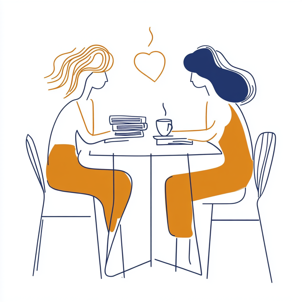 Two friends at a table with books and coffee