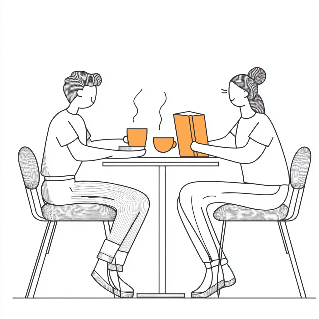 Minimalist Line Illustration of Two friends at table with books and coffee