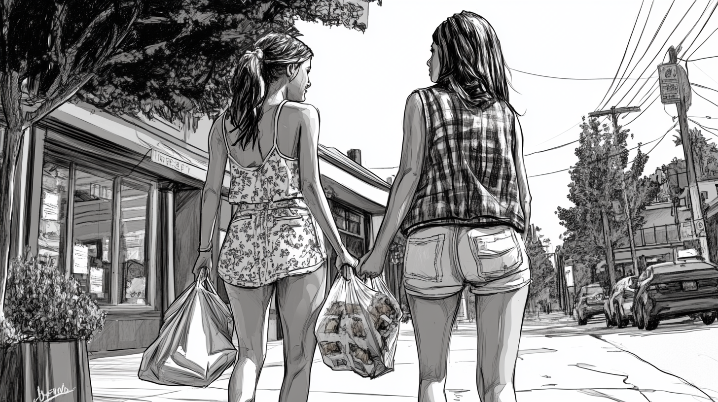 Two friends walking on sidewalk with food bags