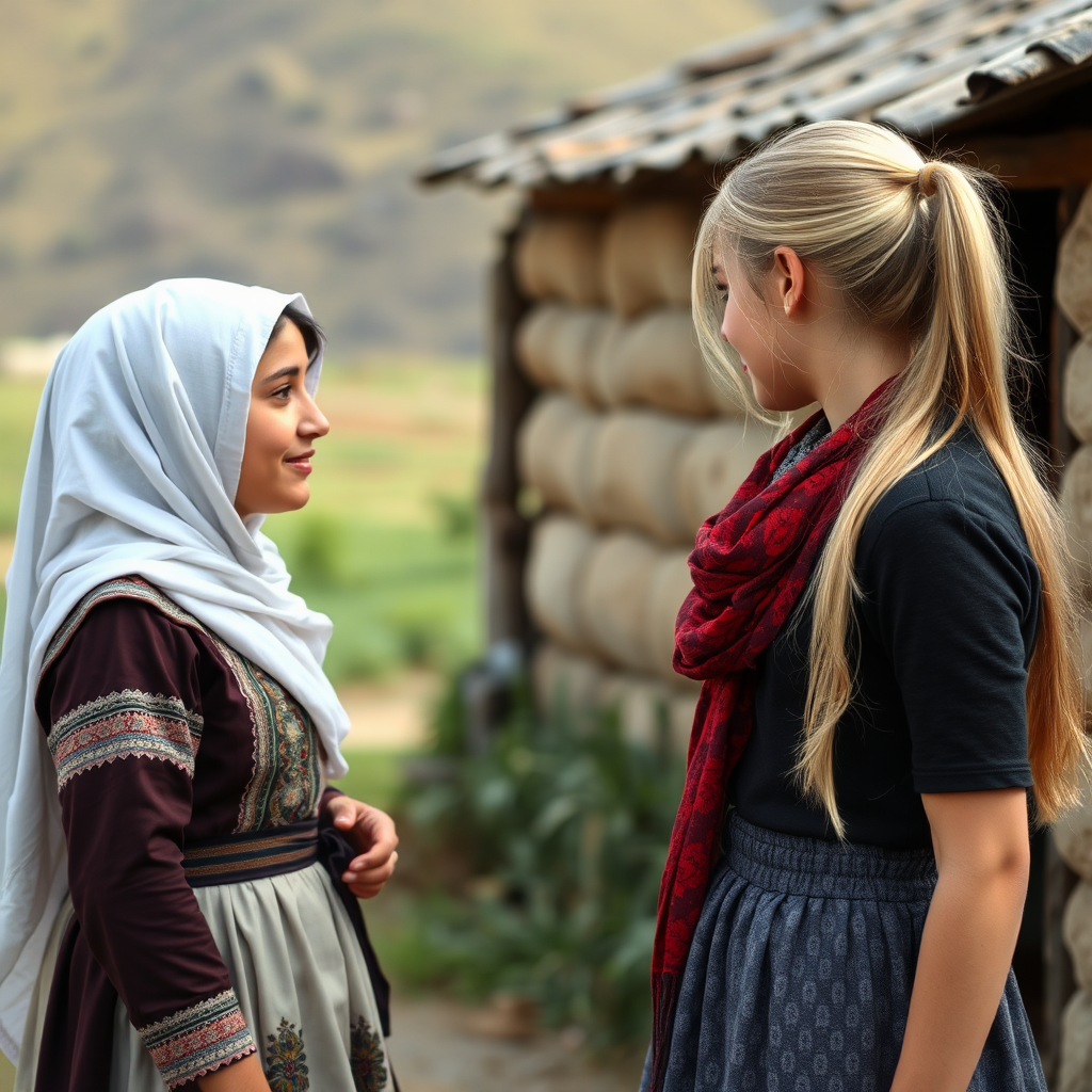 Two girls from different countries meet happily.