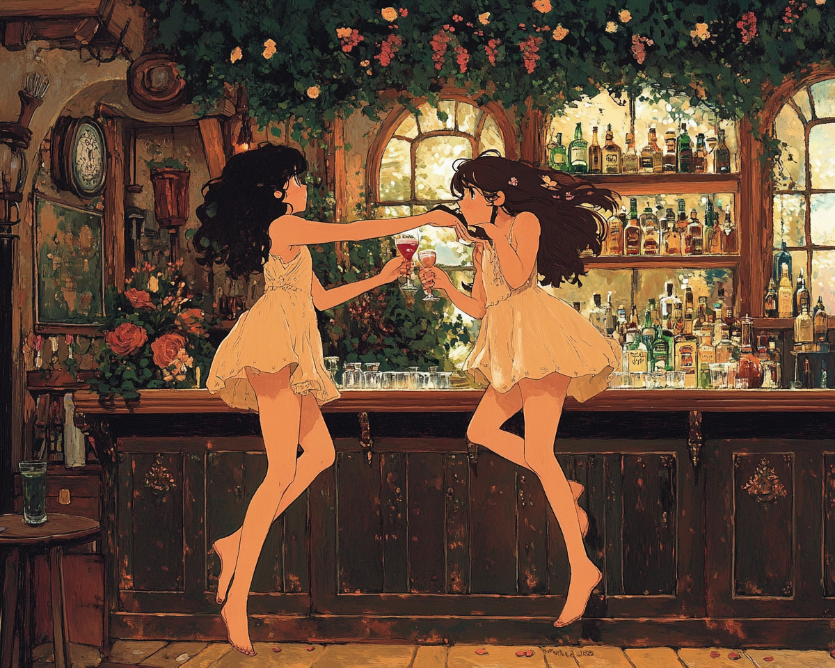 Two girls in a medieval-style bar painting.