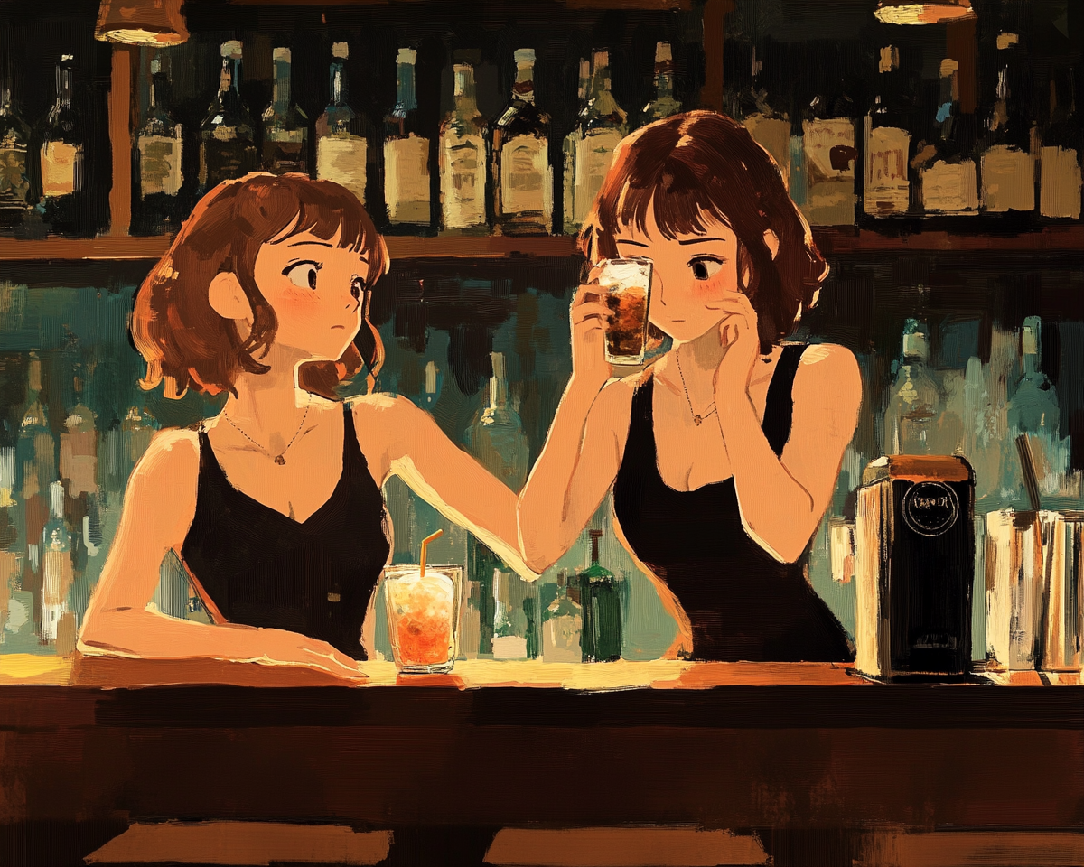 Two girls in evening outfits at bar.