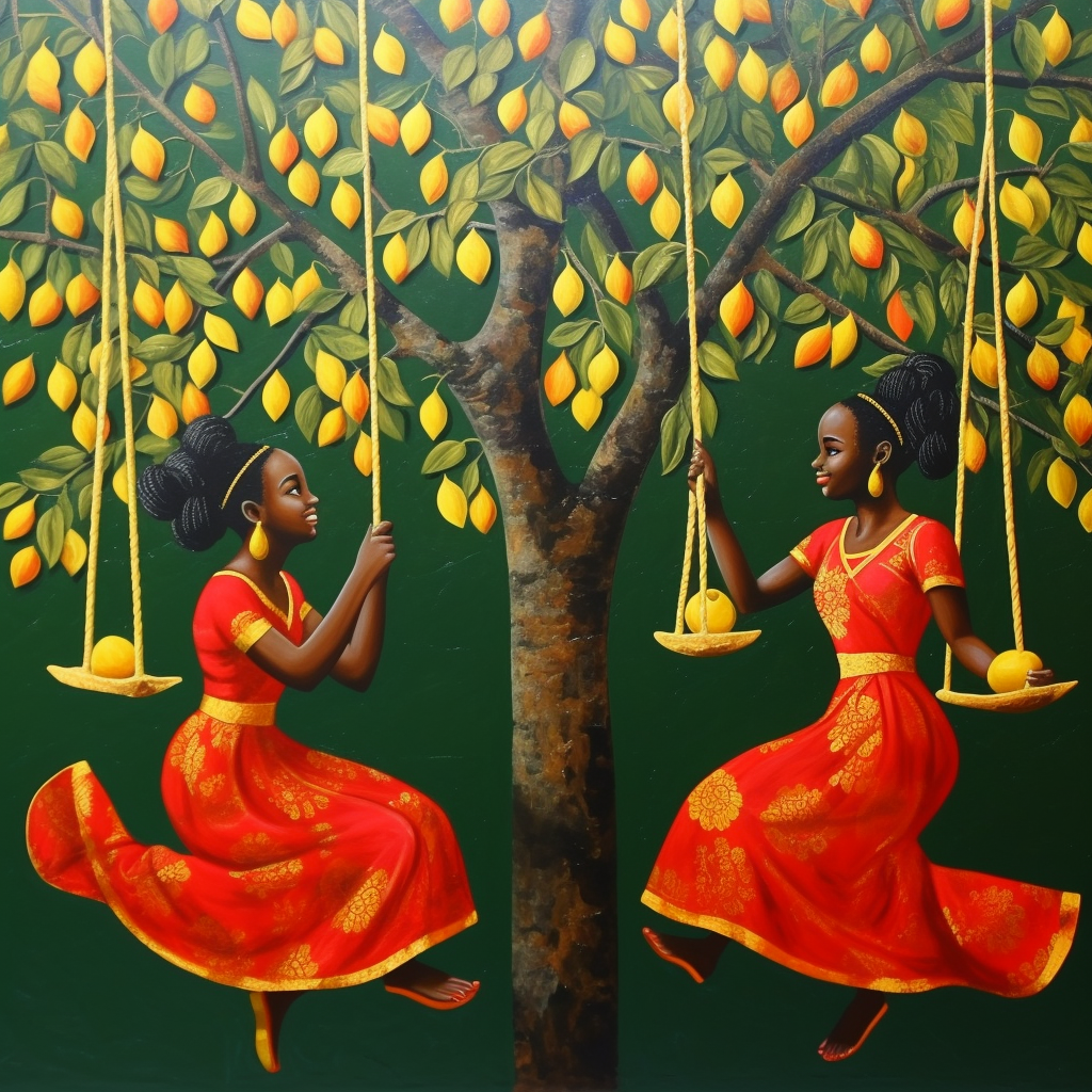 Two girls swing from mango tree painting