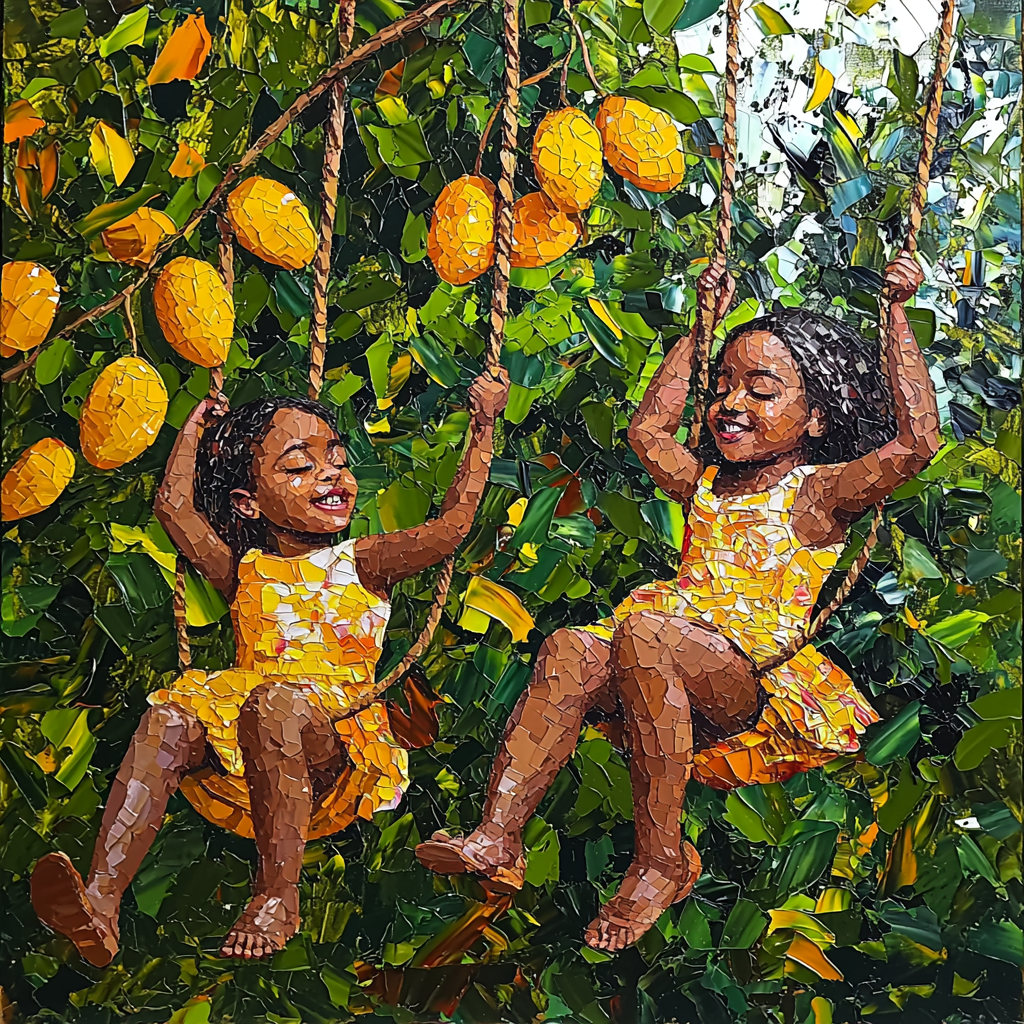 Two girls swinging happily under mango tree