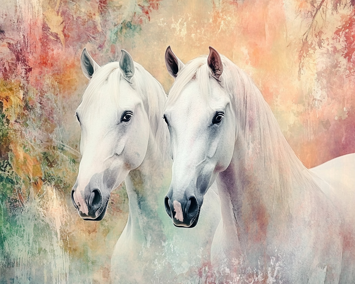 Two graceful white horses dancing in watercolor art