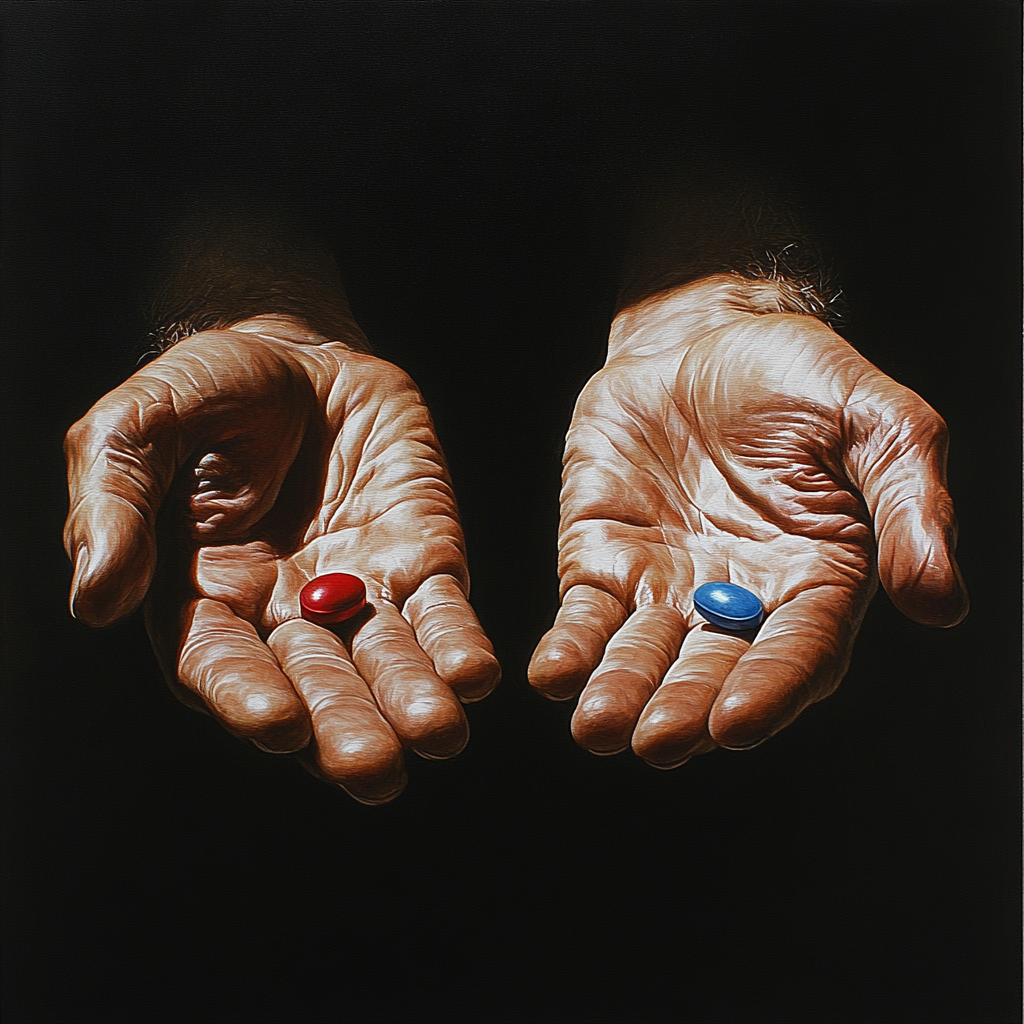 Two hands hold red and blue pills