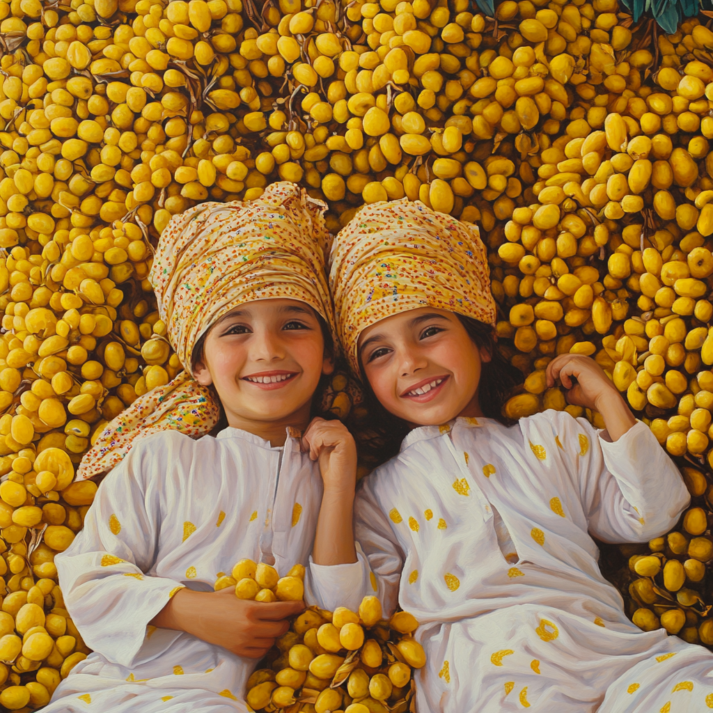 Two happy Omani children in yellow date grove