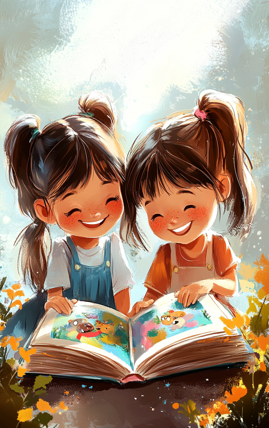 Two happy girls reading colorful book outdoors happily