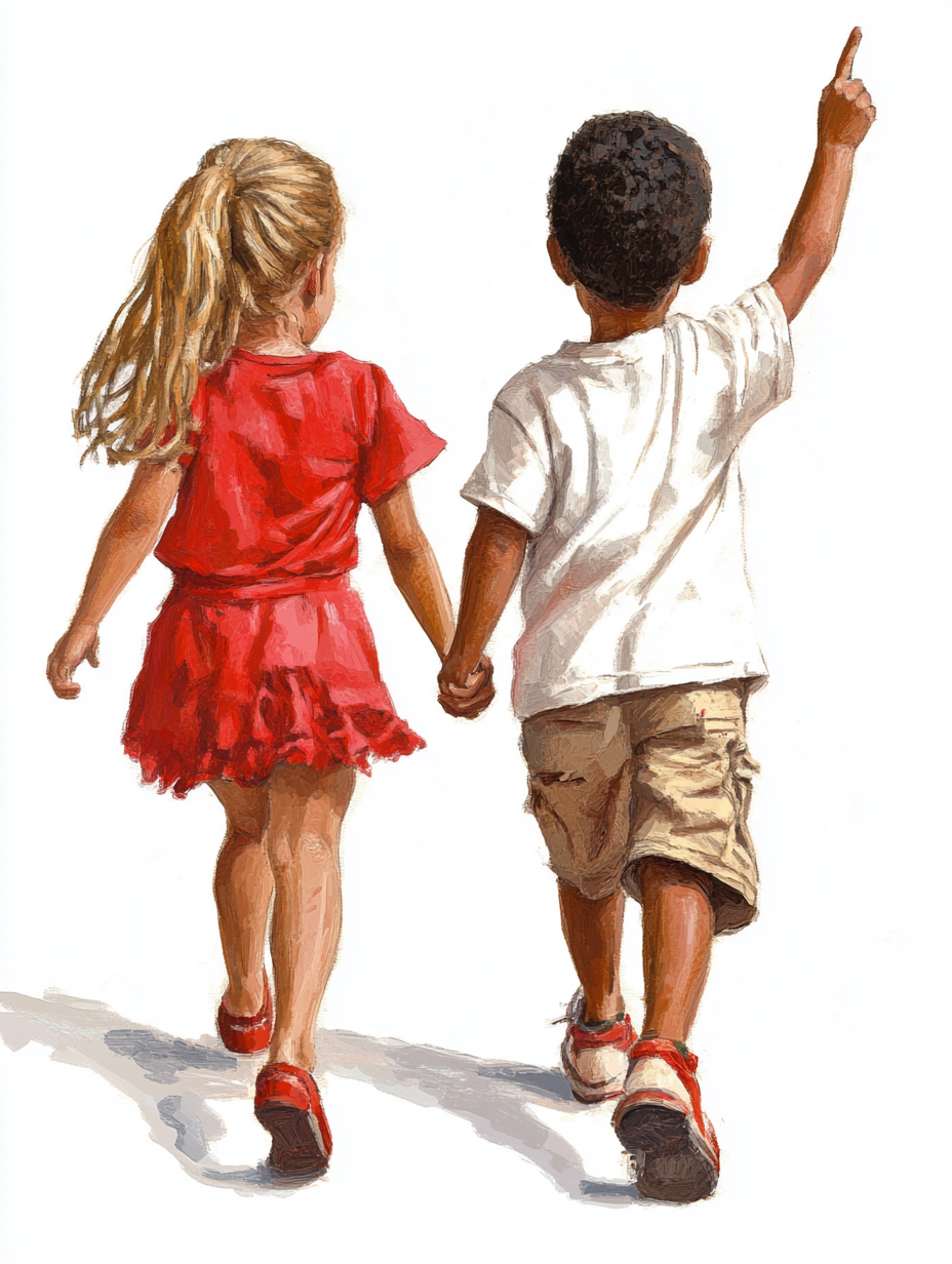 Two happy kids in red and white walk