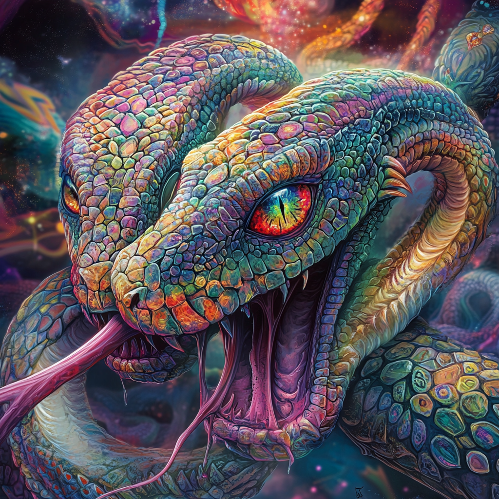 Two-headed snake with bright eyes in fantasy setting