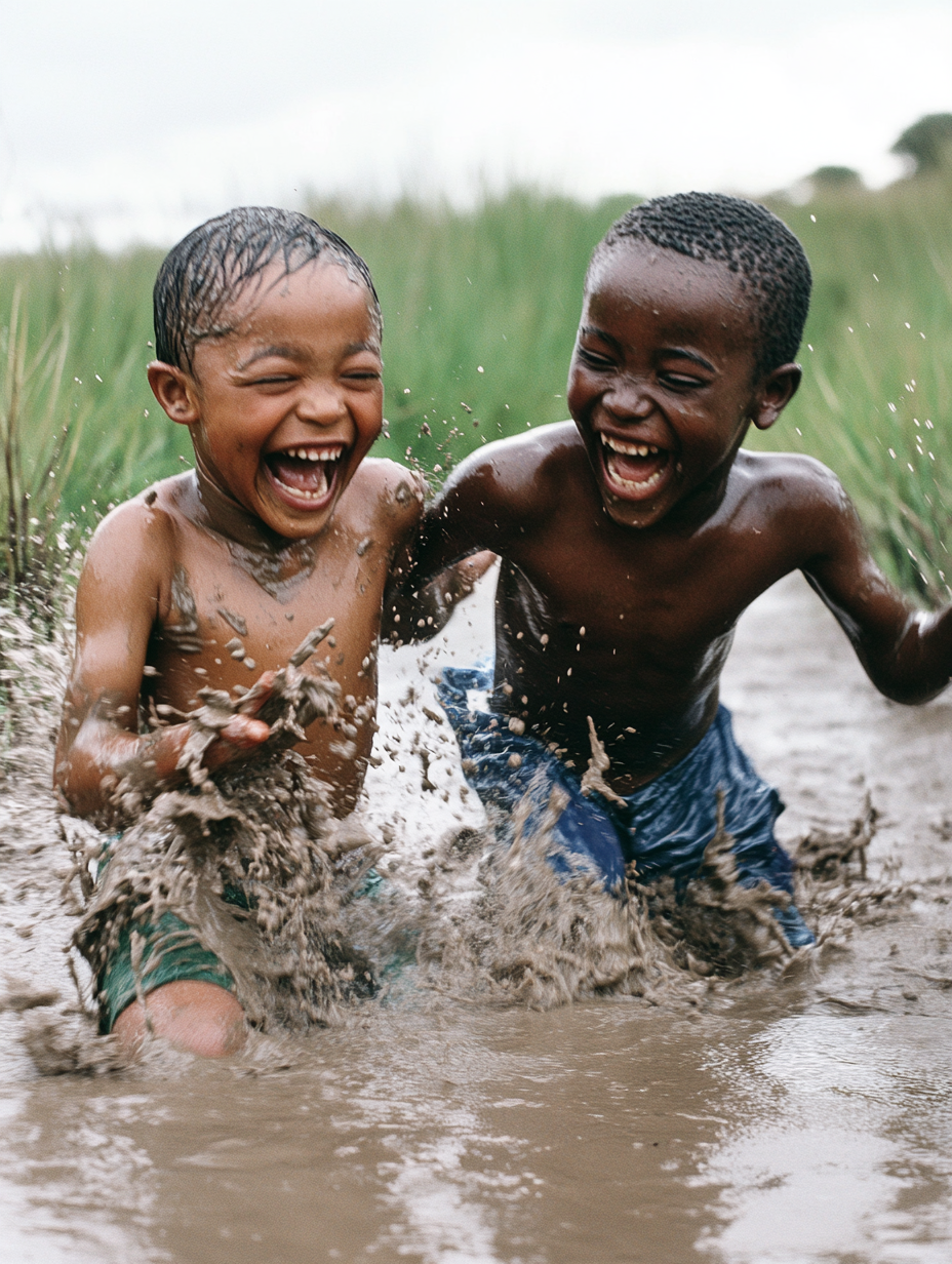 Two laughing brothers playing in muddy rainstorm