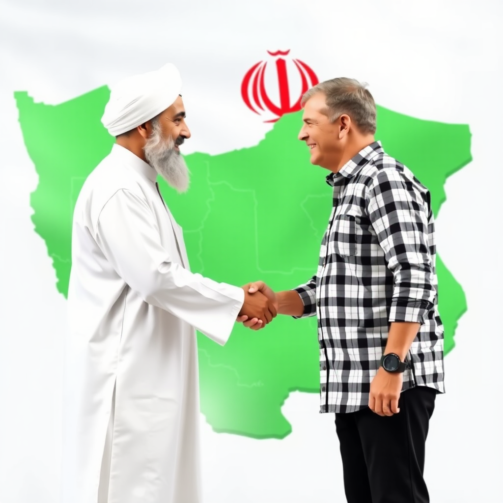 Two men from Iran happily shake hands.