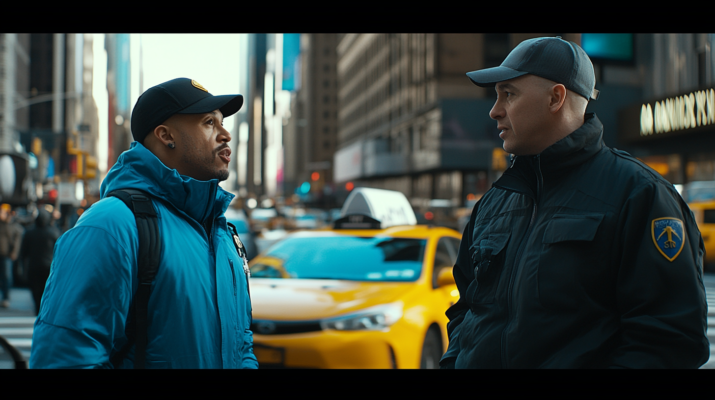 Two men in New York City with yellow cabs