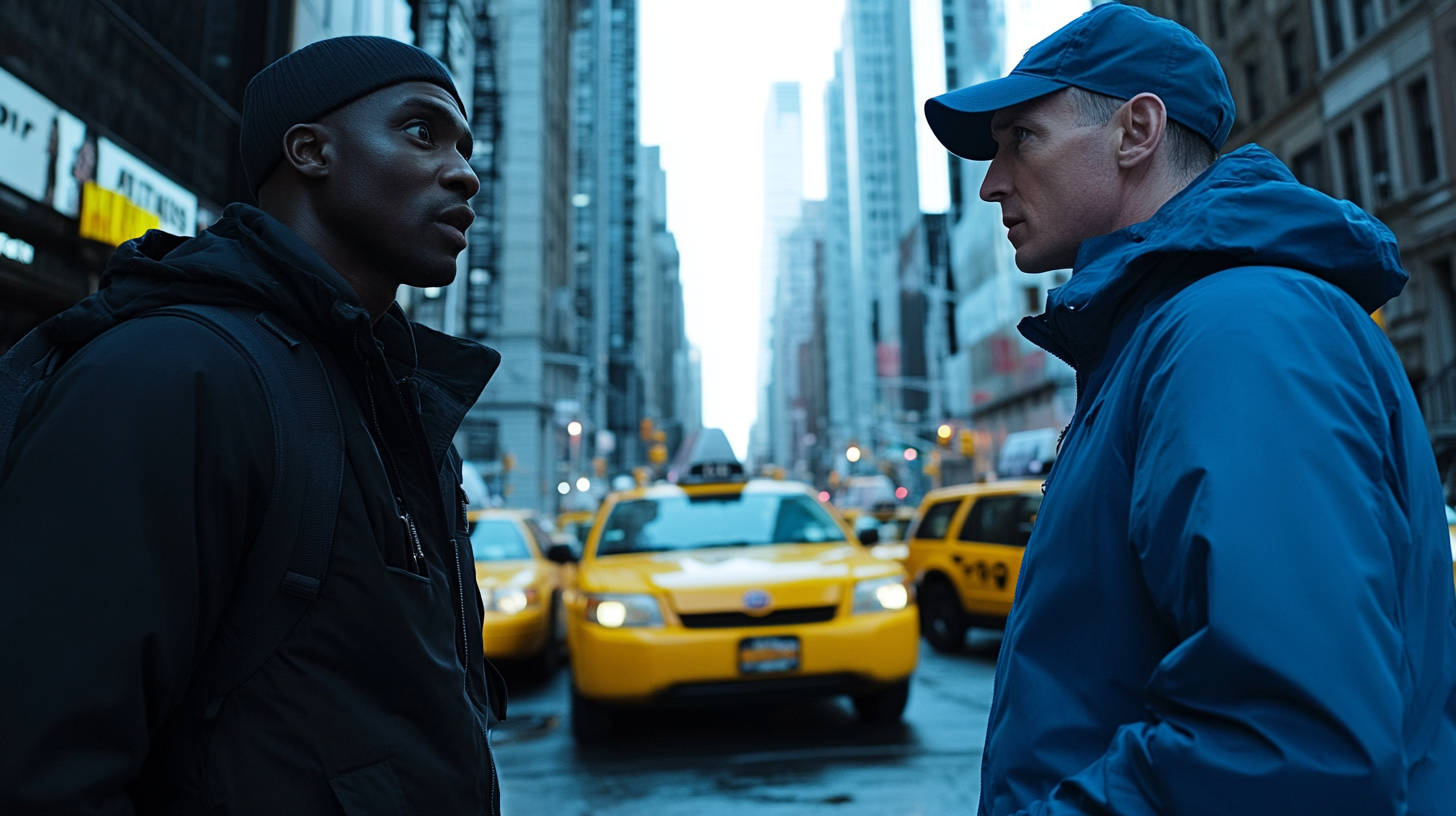 Two men in different colors in NYC.