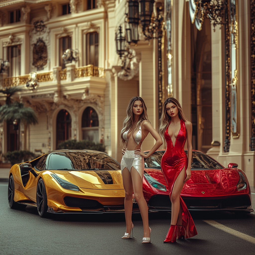 Two models pose with luxury cars in Monaco.