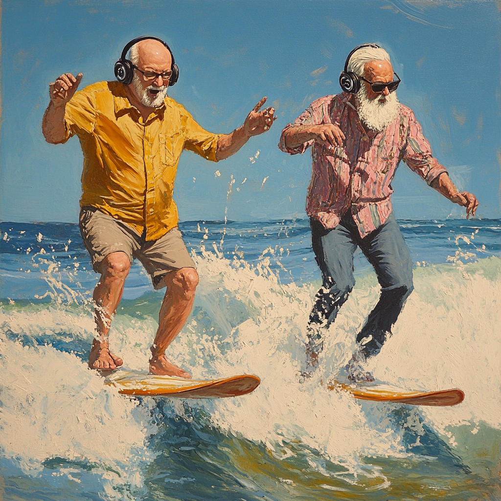 Two old radio DJs surfing together in Malibu.