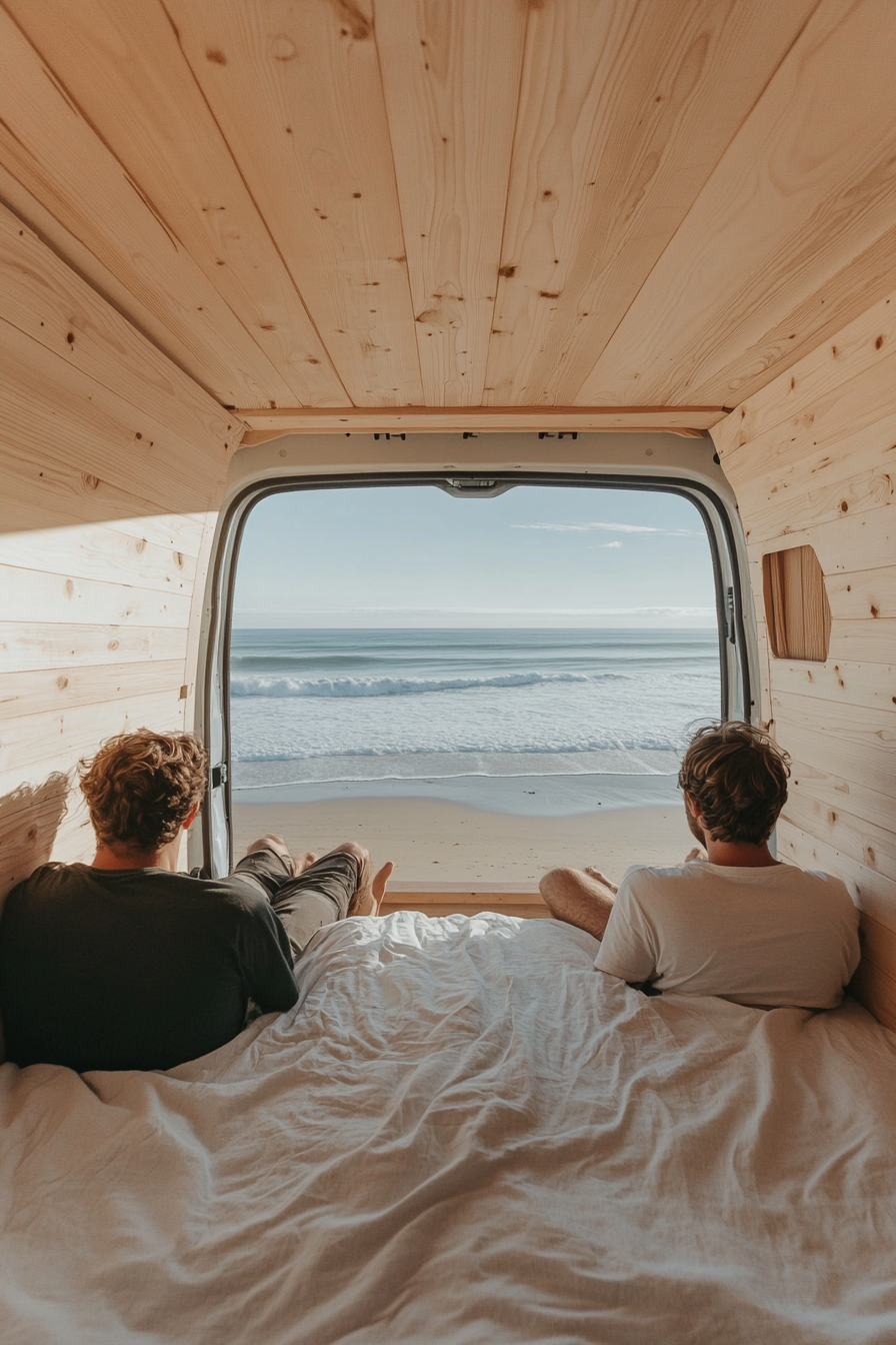 Two people in campervan bed, looking at beach