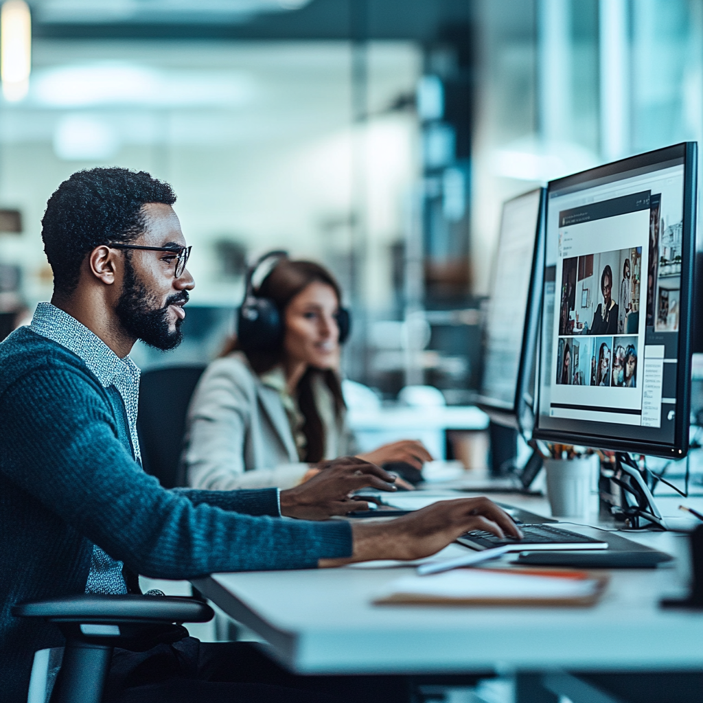 Two people in virtual meeting, supporting each other