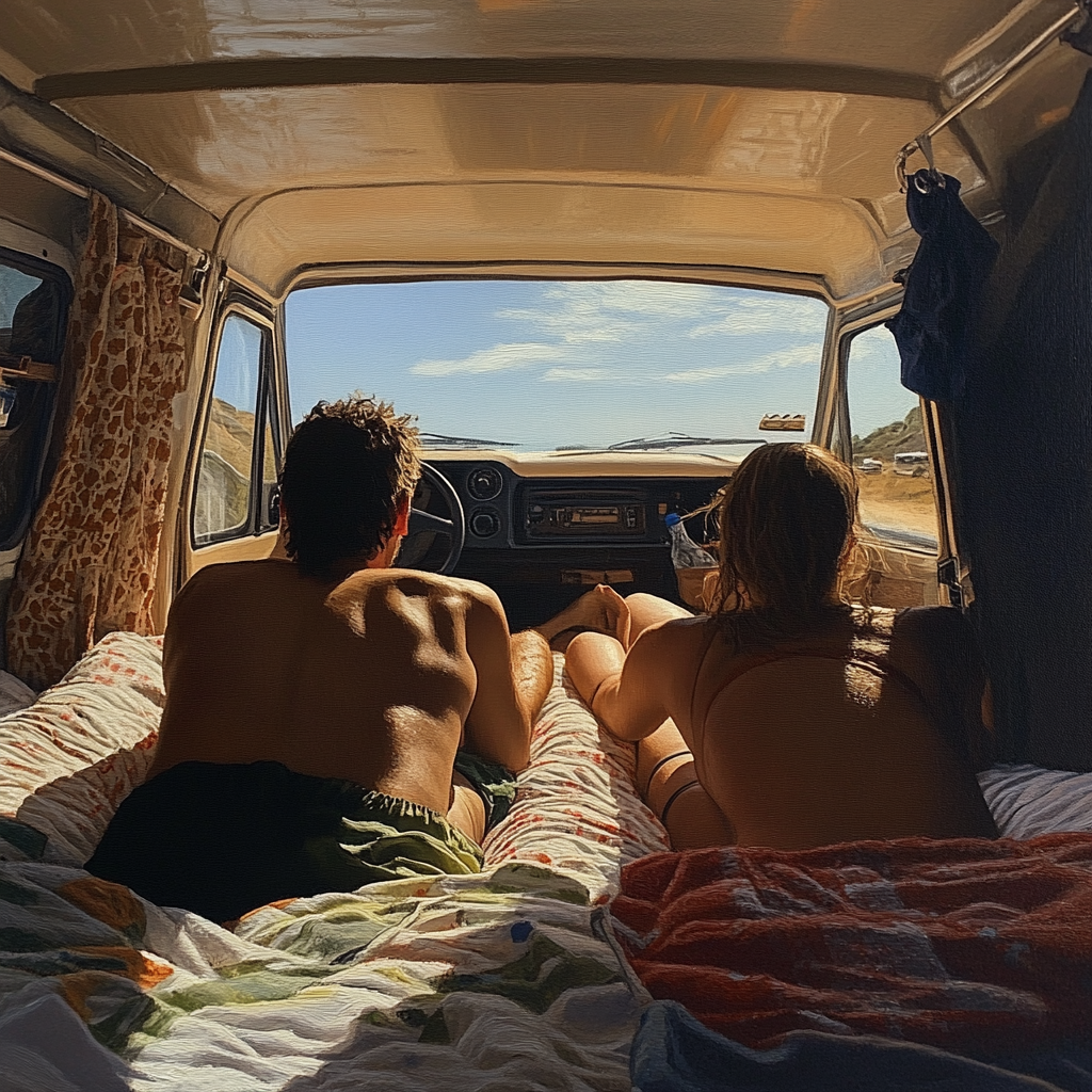 Two people laying in bed inside camper van