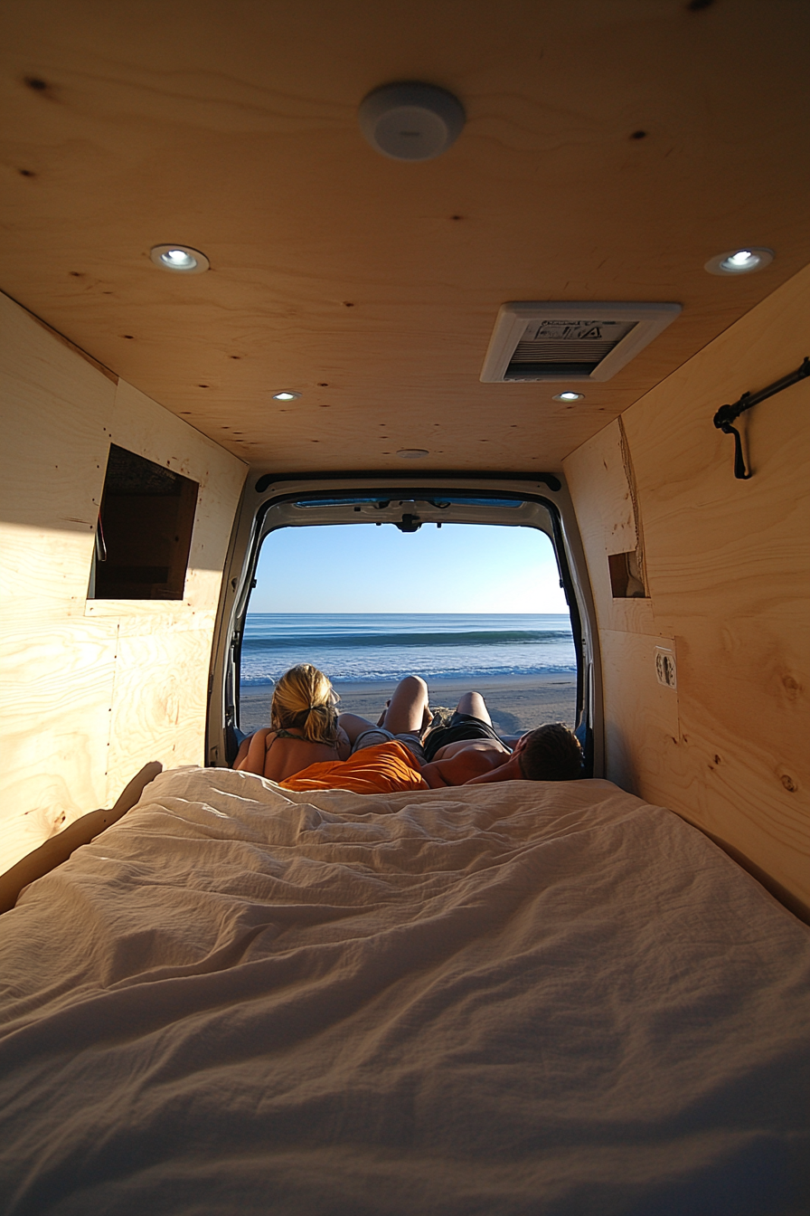 Two people relaxing in professional Campervan interior