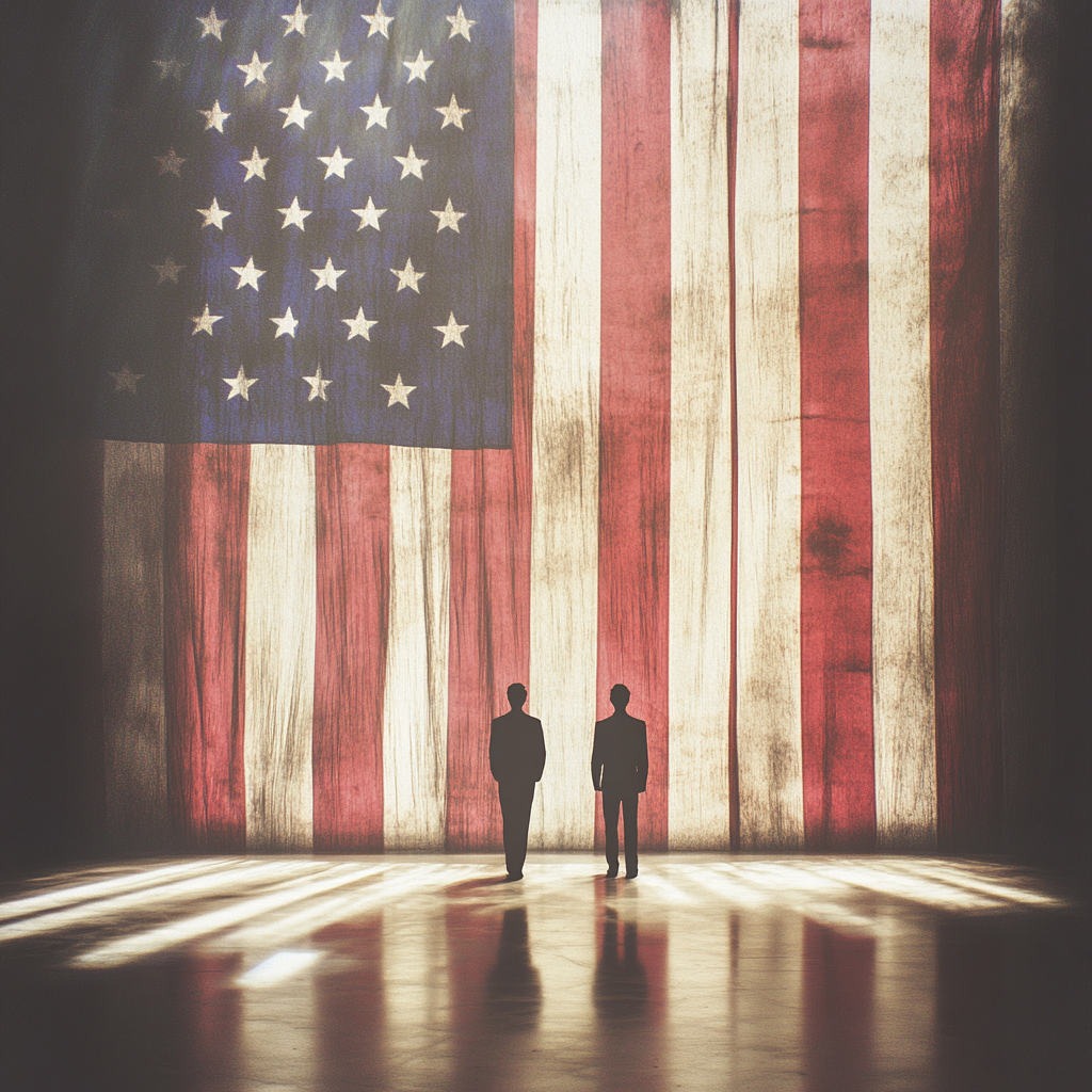 Two people standing under large American flag curtain