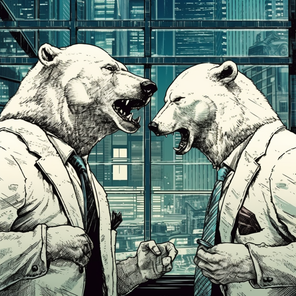 Two polar bears in suits point dramatically