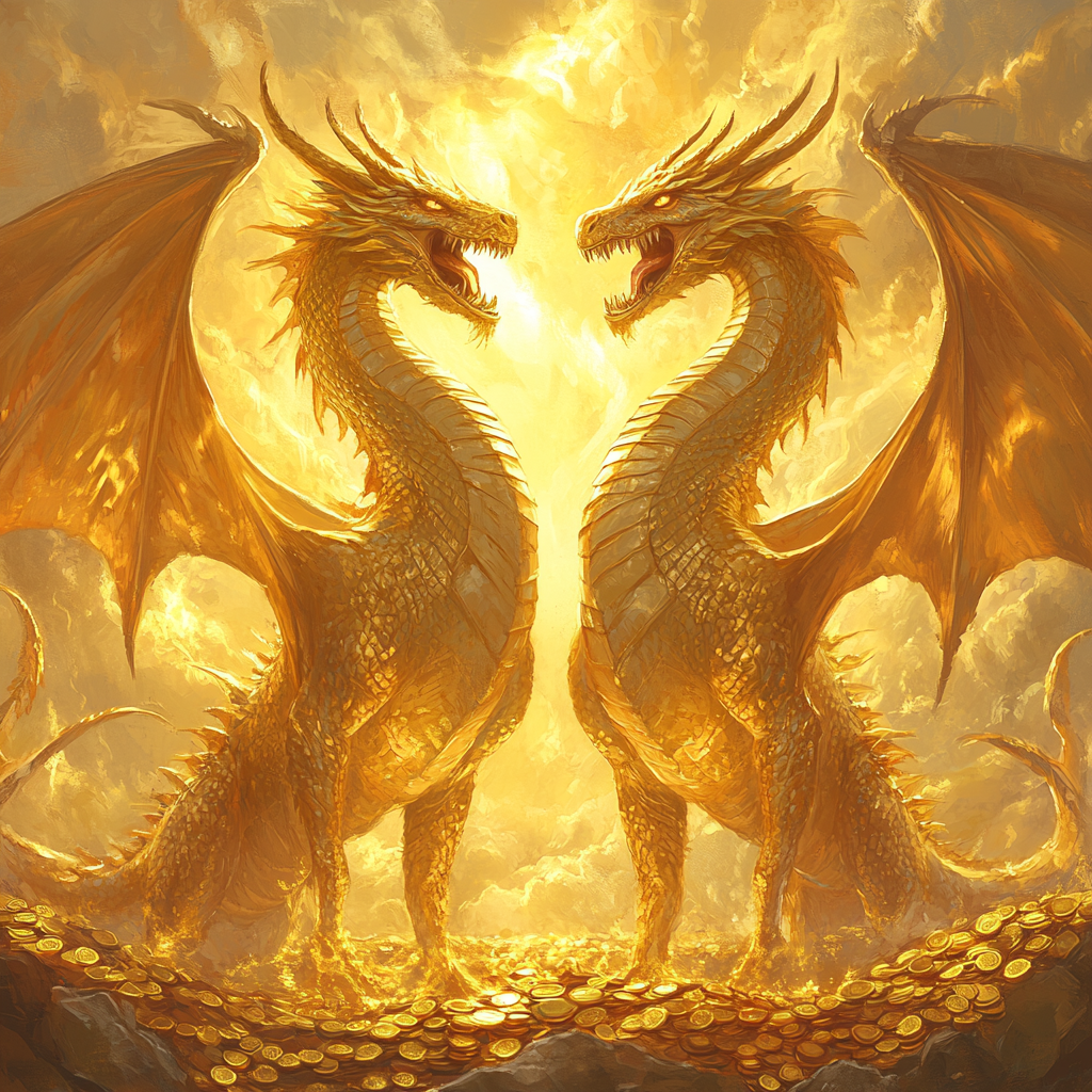 Two roaring golden dragons on shimmering gold with clouds