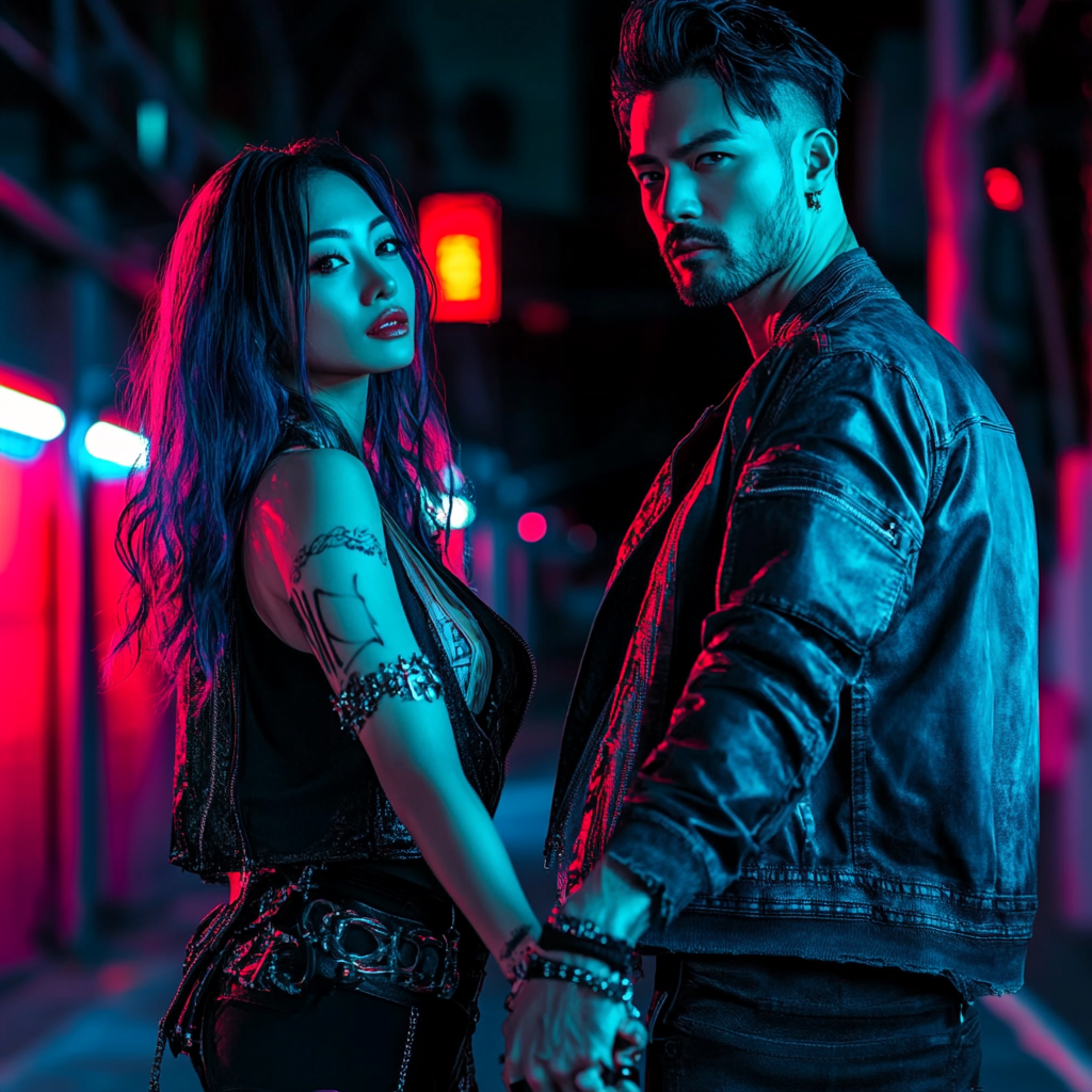 Two rock stars holding hands under neon lights