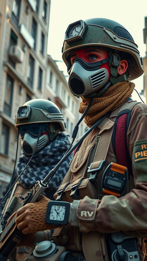 Two sad women soldiers play wirelessly in city.