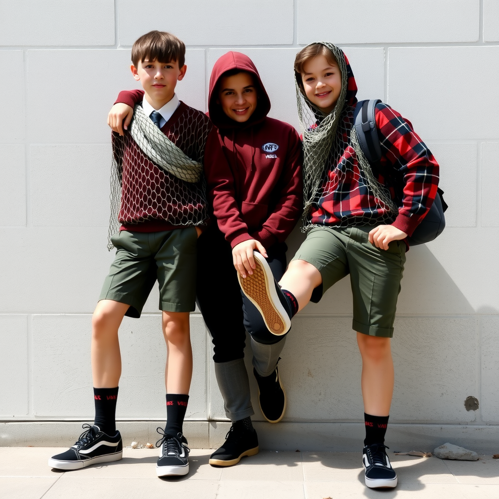 Two school boys with fishnet, one wearing Vans.