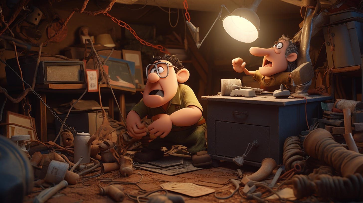 Two silly repairmen in a busy basement.